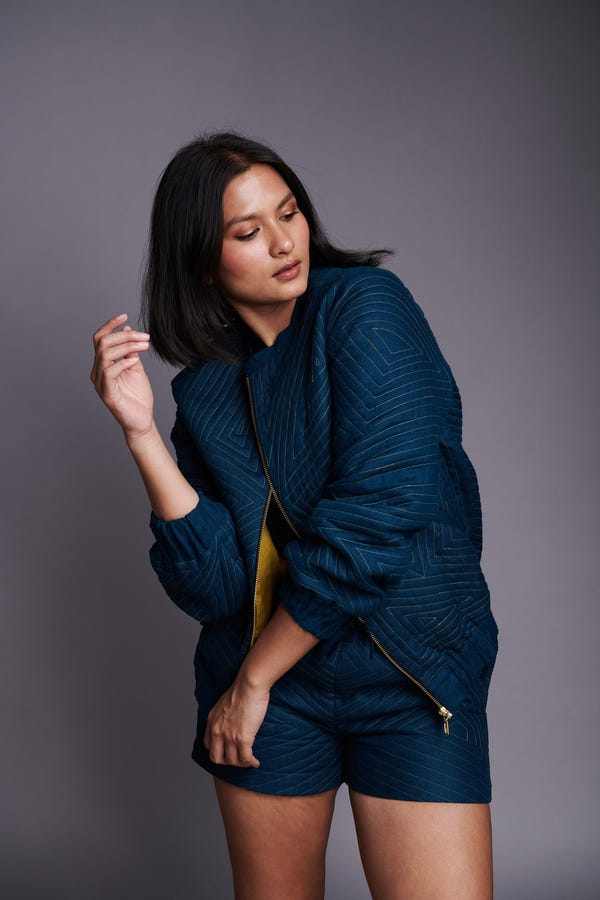 Saphed — Indigo Linen Unisex Quilted Bomber Jacket Set