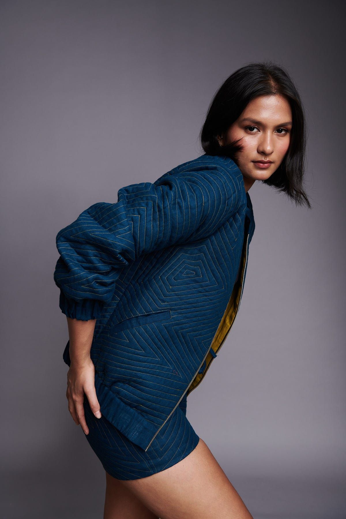 Indigo Linen Unisex Quilted Bomber Jacket Set - image 14