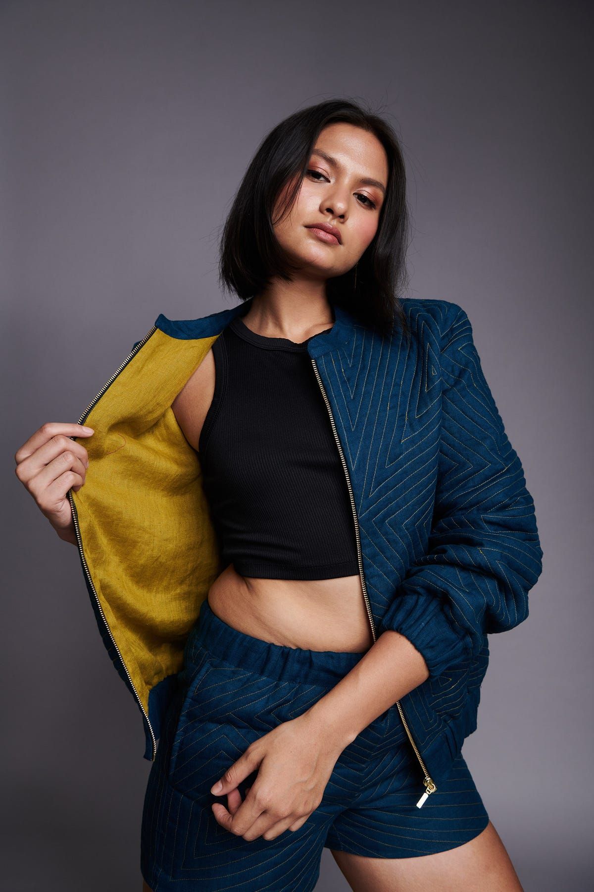 Indigo Linen Unisex Quilted Bomber Jacket Set - image 15