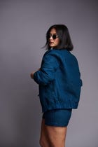 Indigo Linen Unisex Quilted Bomber Jacket Set view 4