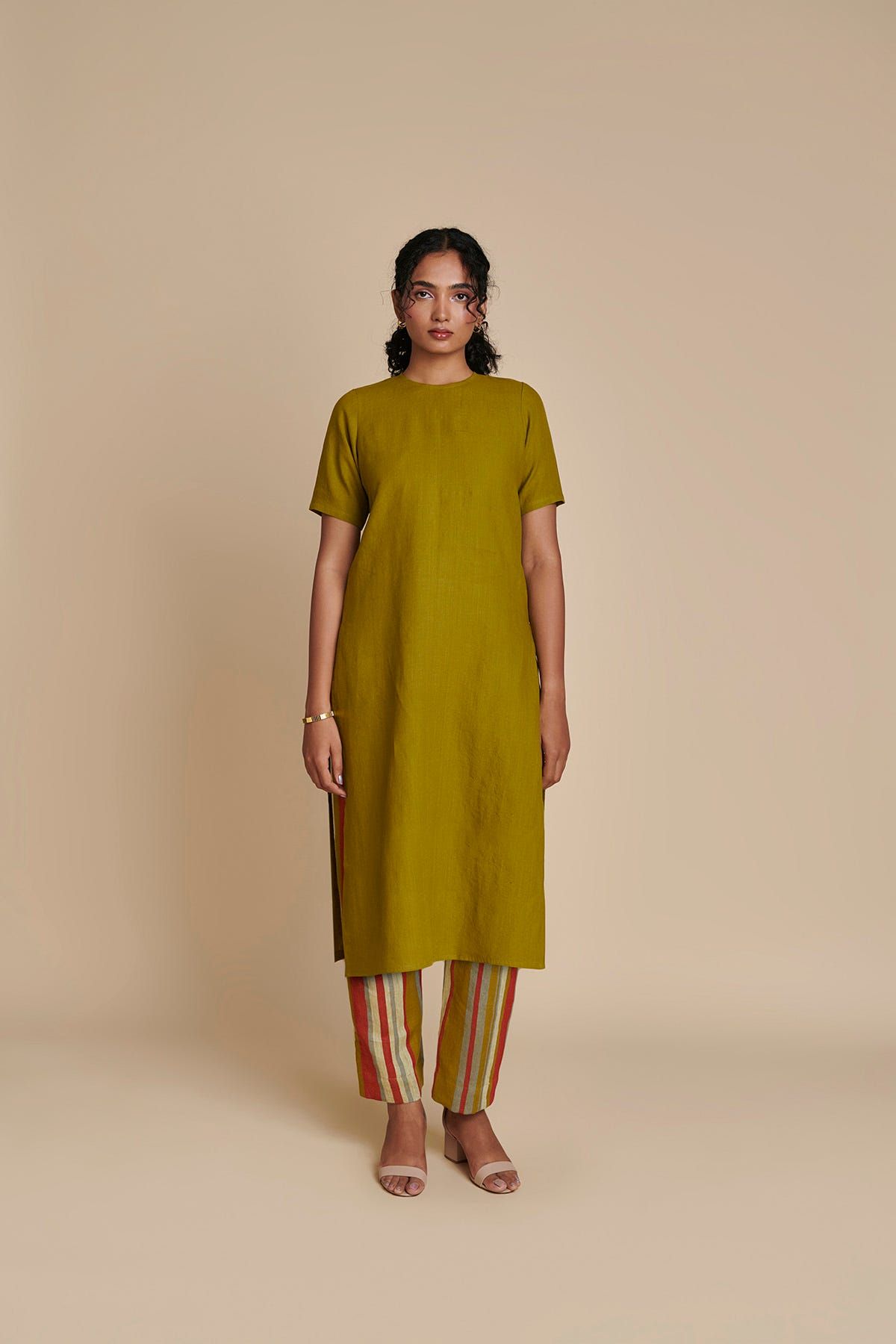 Mehendi Linen Half Sleeves Kurta Set - image 1