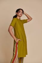 Mehendi Linen Half Sleeves Kurta Set view 4