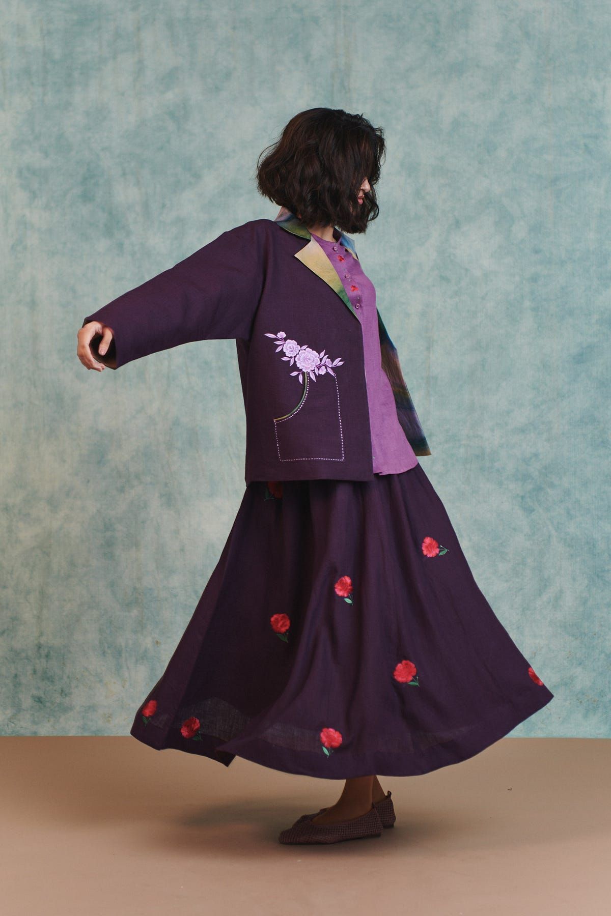 Plum Linen Embroidered Flared Skirt - image 1