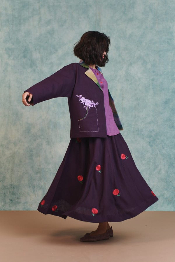 Saphed — Plum Linen Embroidered Flared Skirt