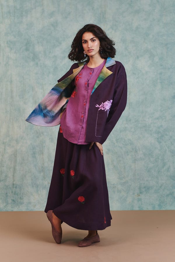 Saphed — Plum Linen Embroidered Flared Skirt