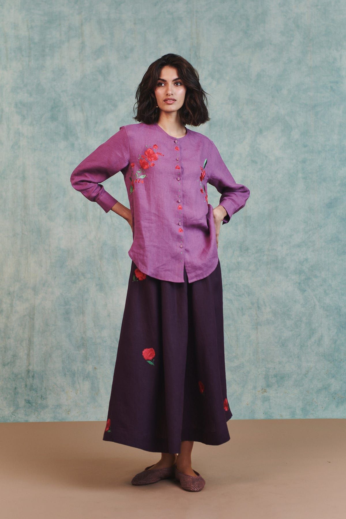 Plum Linen Embroidered Flared Skirt - image 3