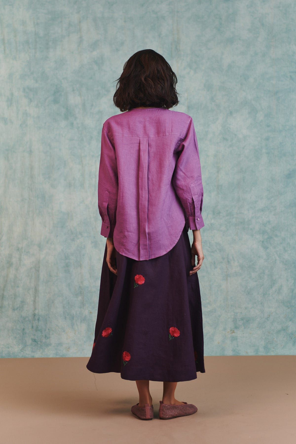 Plum Linen Embroidered Flared Skirt - image 4