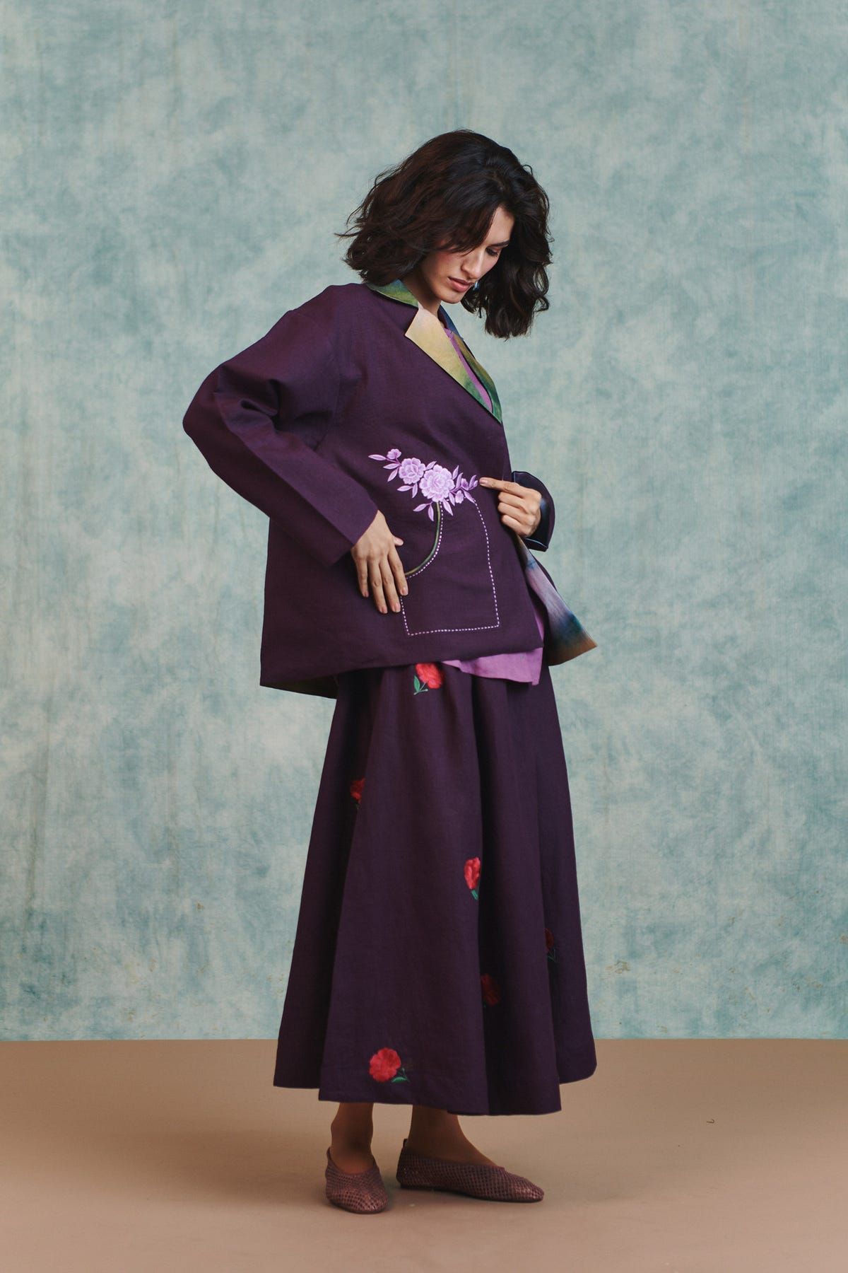 Plum Linen Embroidered Flared Skirt - image 5