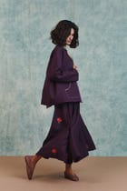 Plum Linen Embroidered Flared Skirt view 9