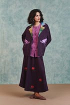Plum Linen Embroidered Flared Skirt view 10