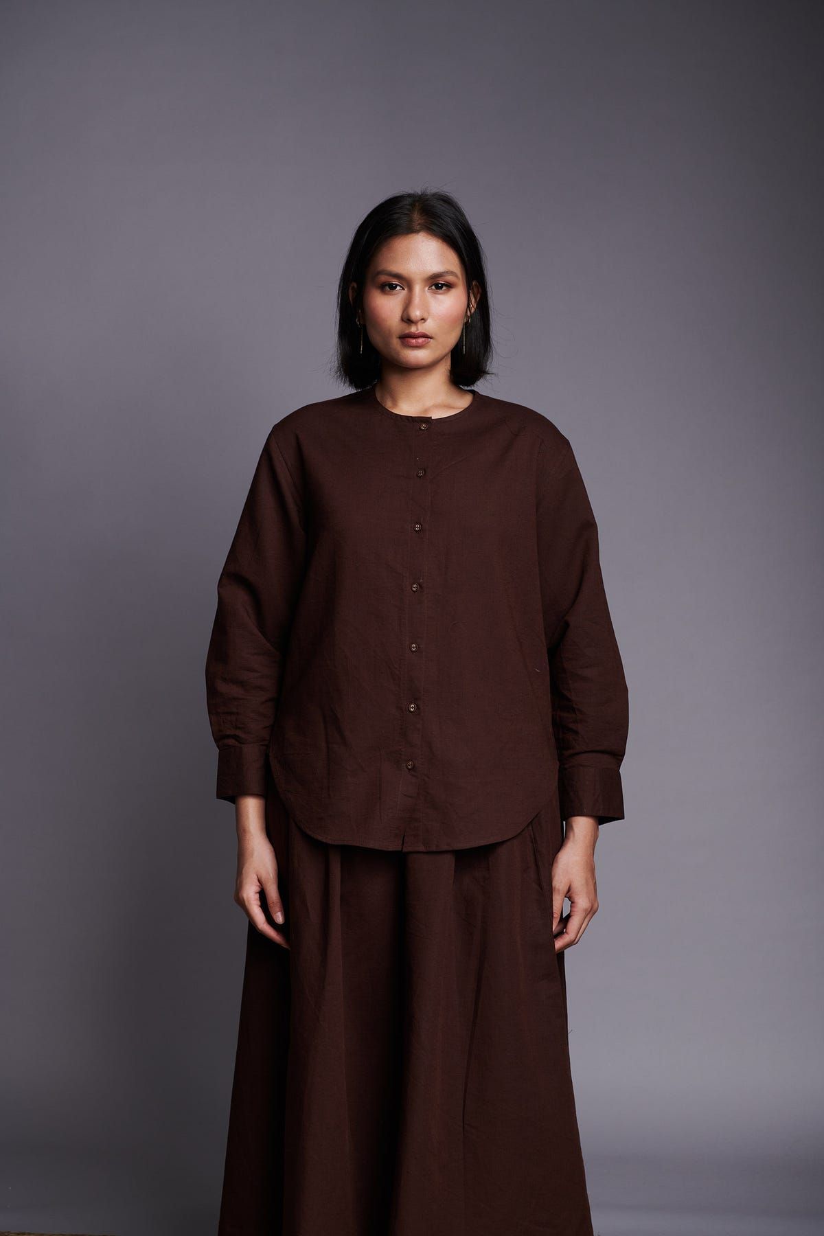 Coffee Co-Linen Round Hem Shirt - image 1
