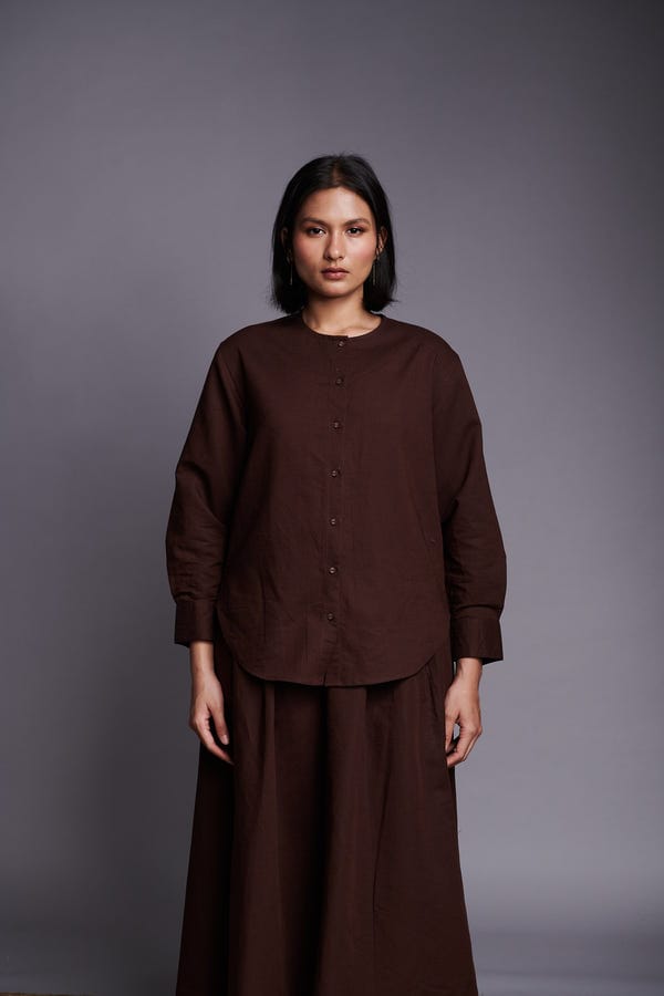 Saphed — Coffee Co-Linen Round Hem Shirt
