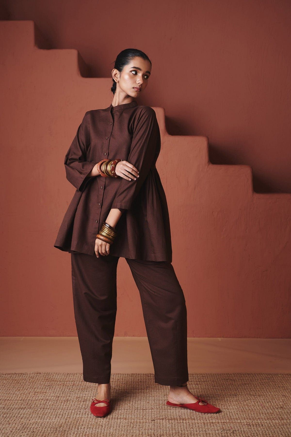 Coffee Co-Linen Gathered Shirt Set - Sale - image 3
