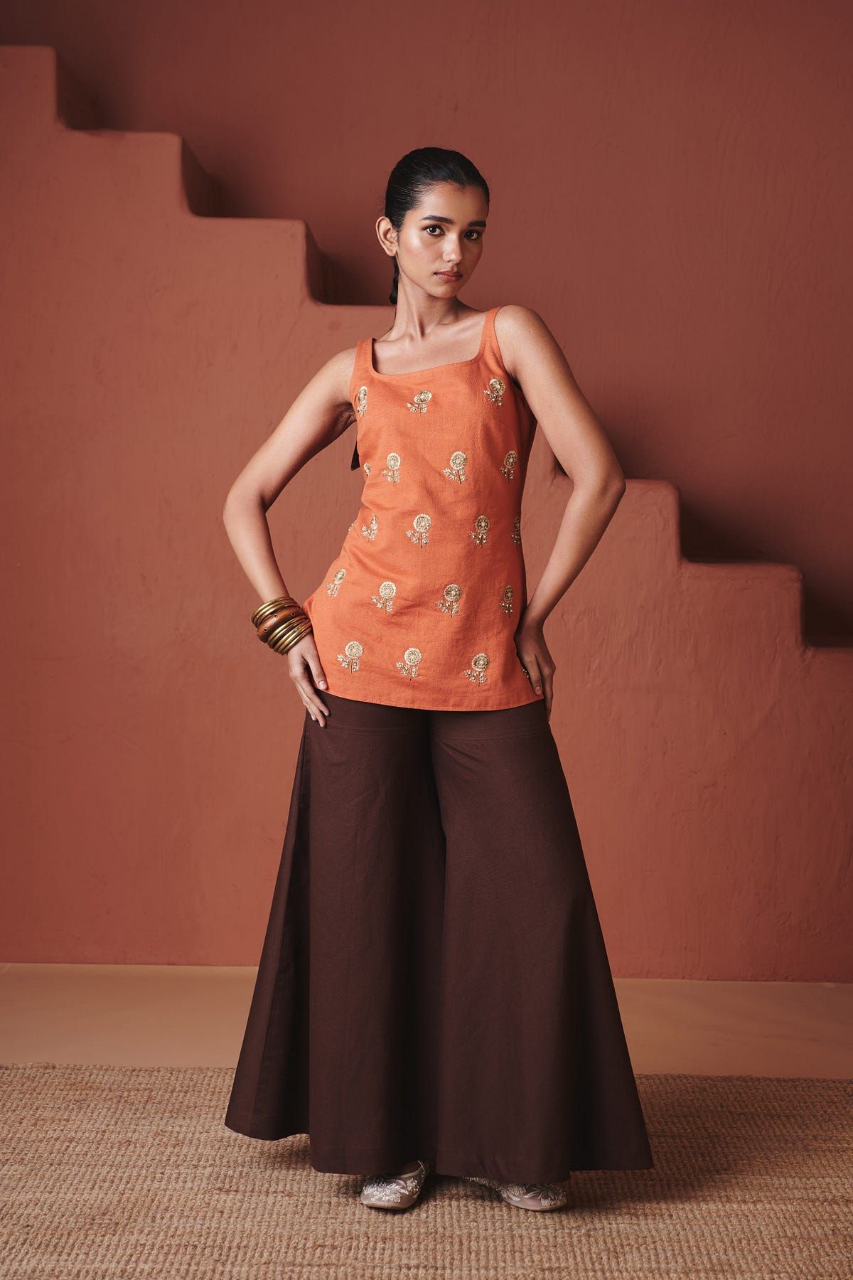Marigold Coffee Co-Linen Sleeveless Sharara Set - image 1