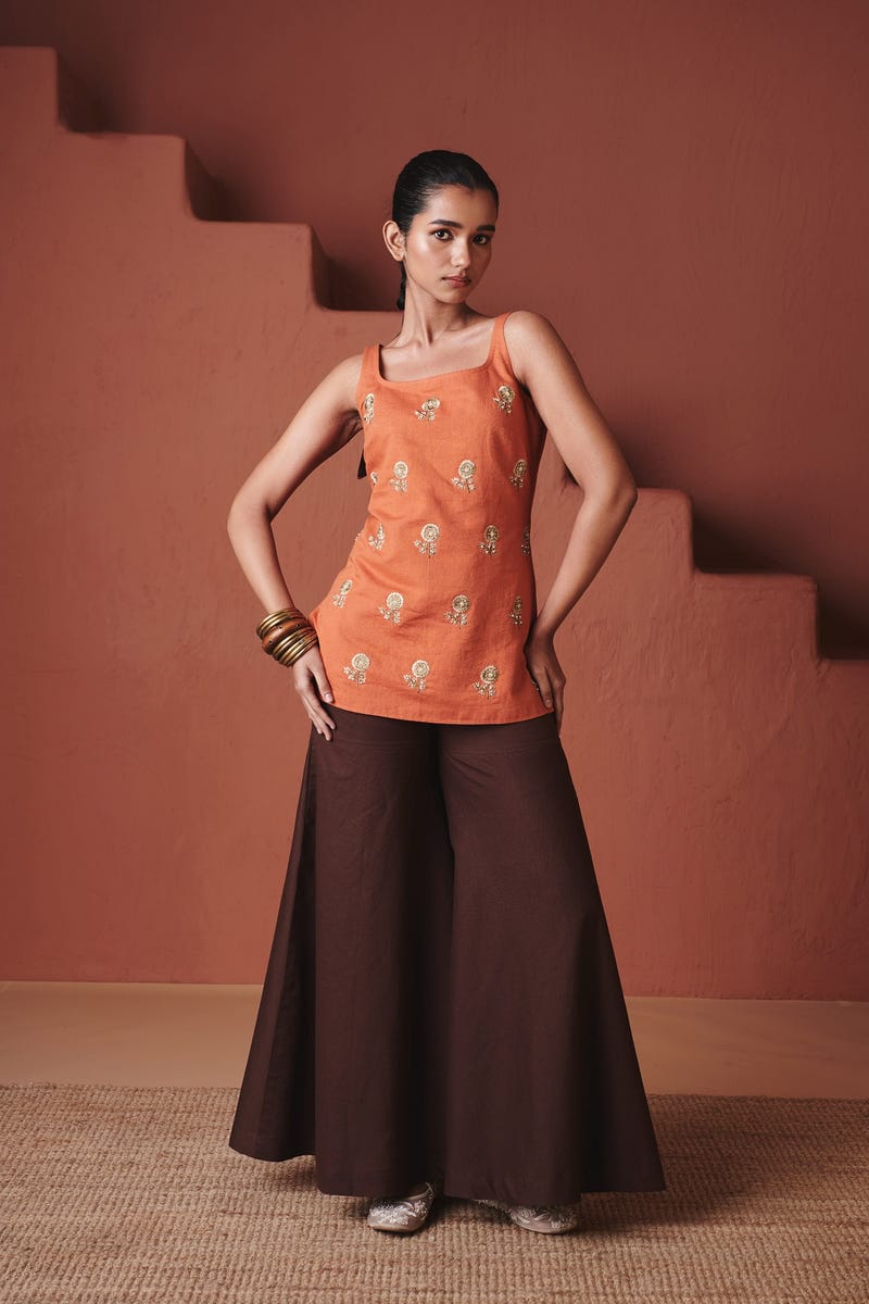Marigold Coffee Co-Linen Sleeveless Sharara Set