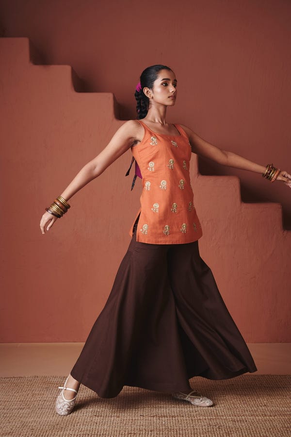 Saphed — Marigold Coffee Co-Linen Sleeveless Sharara Set