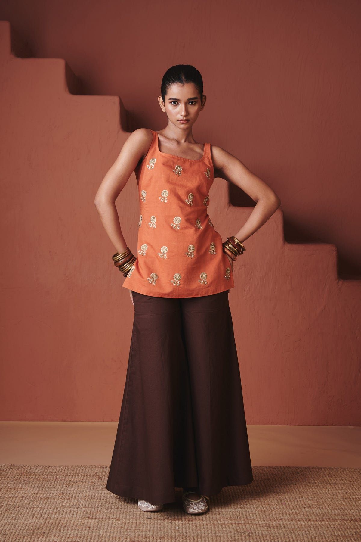 Marigold Coffee Co-Linen Sleeveless Sharara Set - image 4