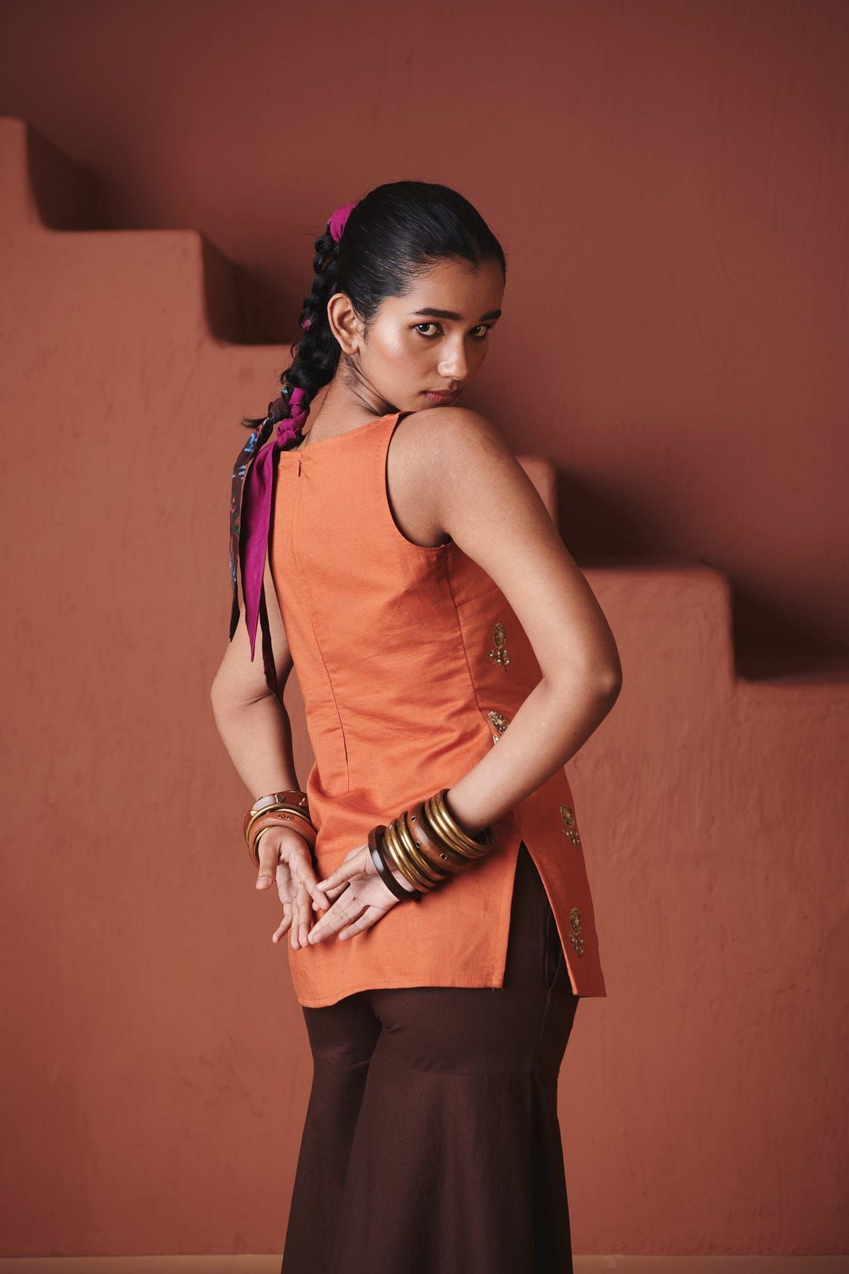 Marigold Coffee Co-Linen Sleeveless Sharara Set - image 6