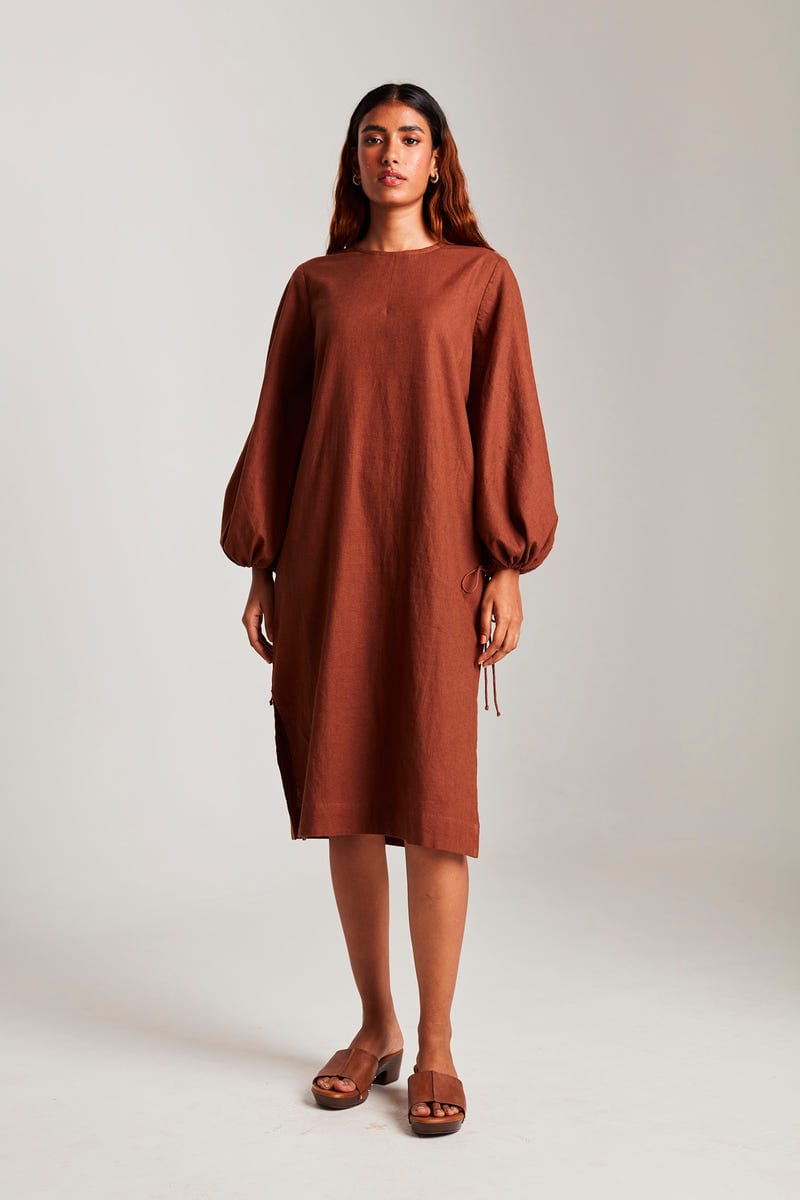 Cinnamon Linen Balloon Sleeves Dress