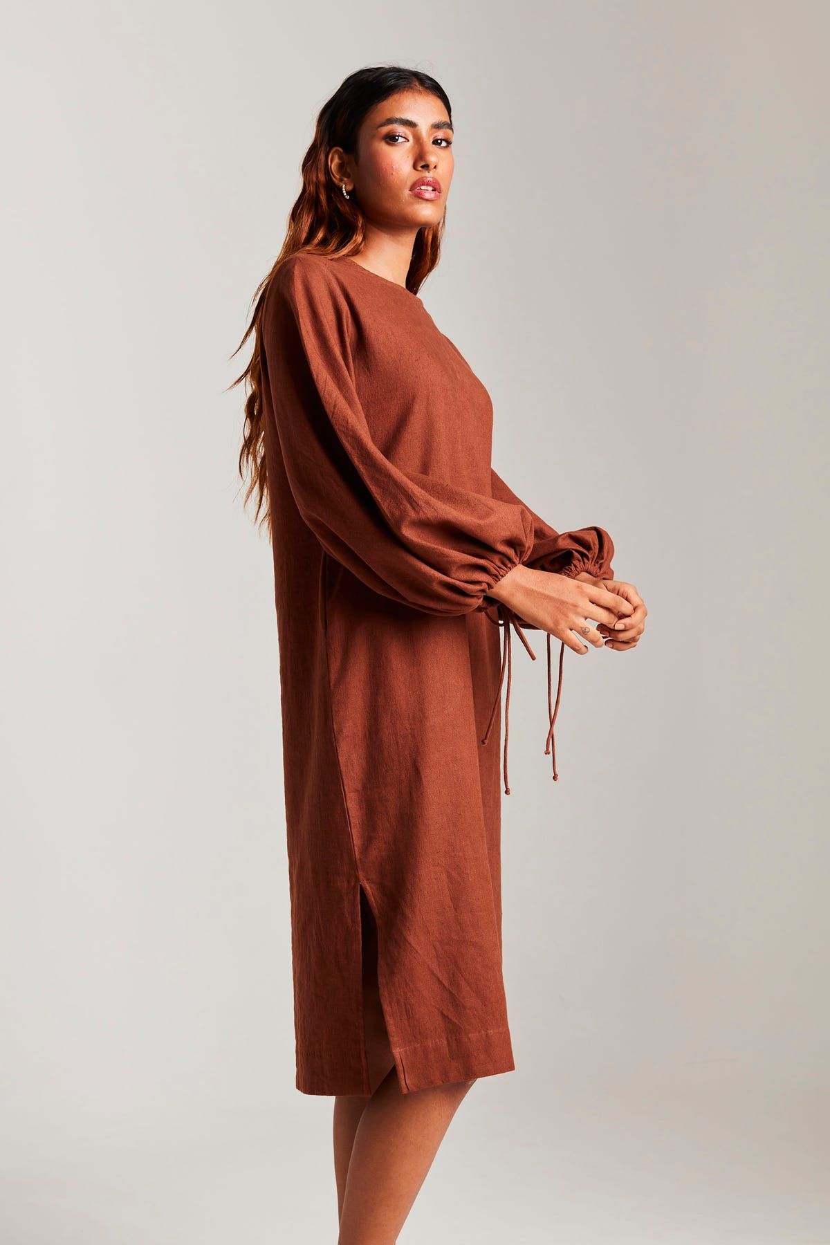 Cinnamon Linen Balloon Sleeves Dress - image 2