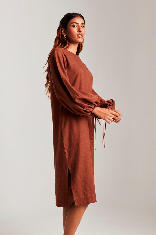 Saphed — Cinnamon Linen Balloon Sleeves Dress