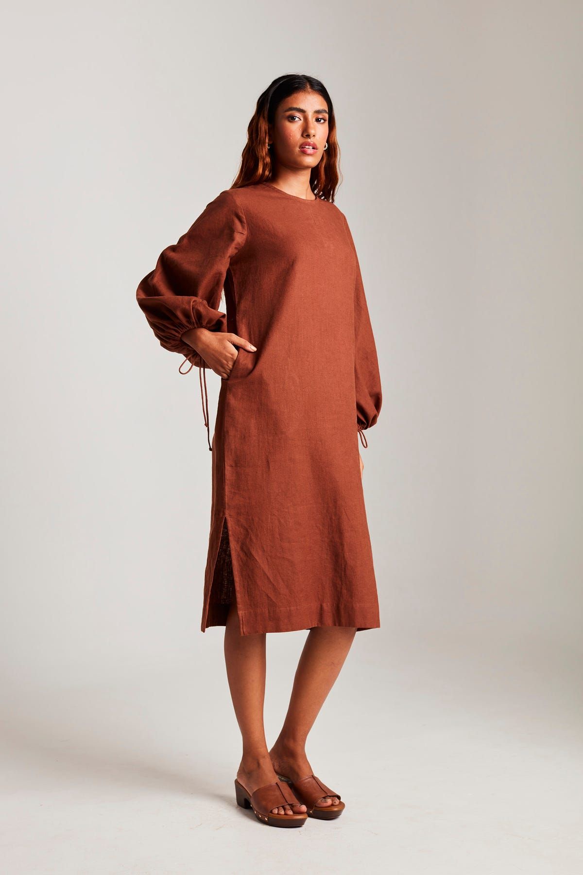 Cinnamon Linen Balloon Sleeves Dress - image 3