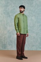 Moss Linen Men's Band Collar Shirt - Sale view 2
