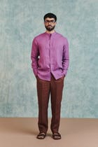 Chocolate Linen Men's Pleated Tapered Pants view 1