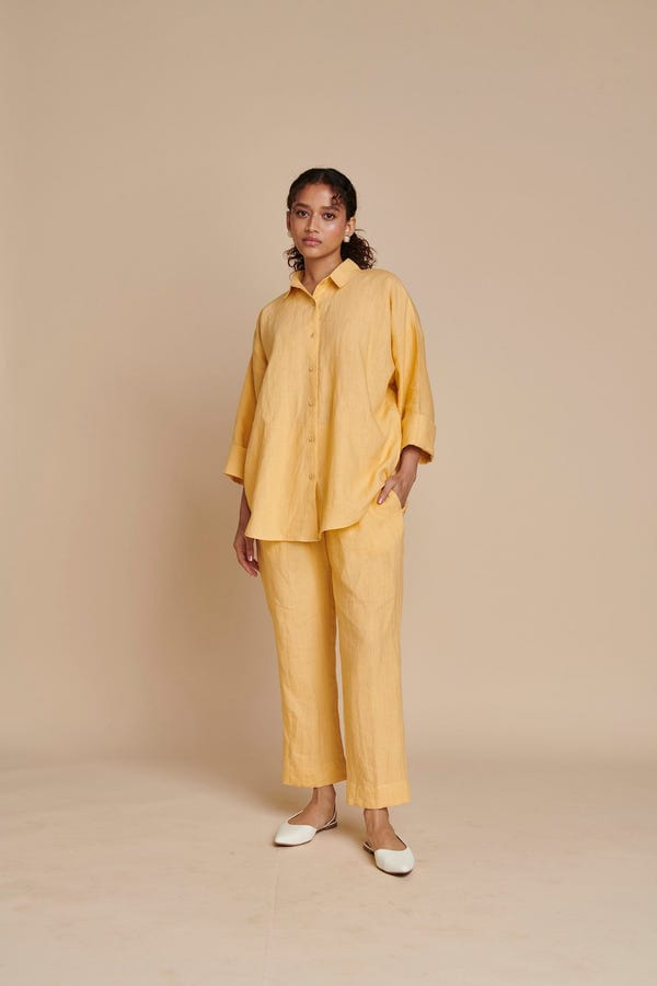 Saphed — Butterscotch Linen Oversized Flared Shirt Set - Sale