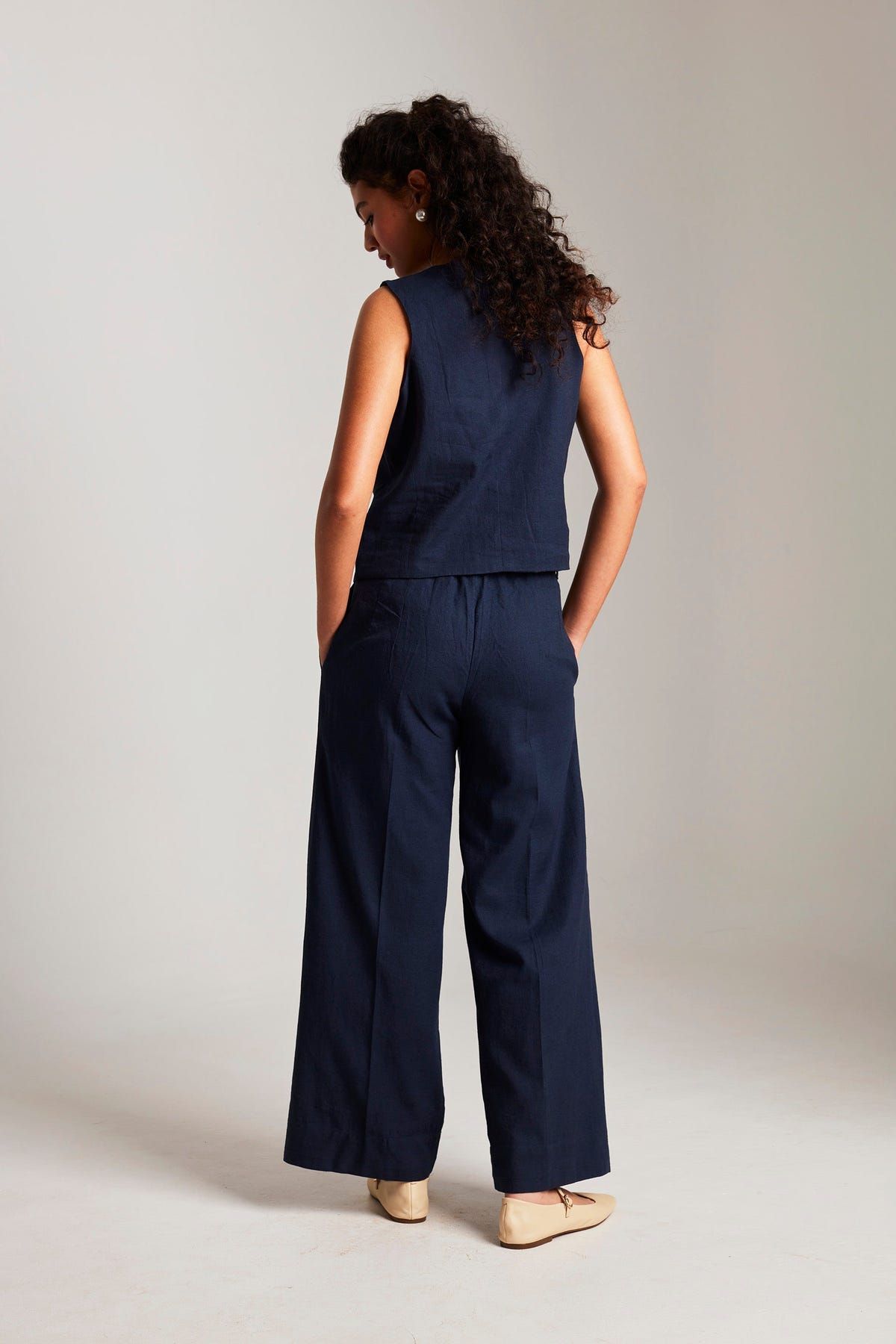 Navy Co-Linen Pleated Trousers - Sale - image 3