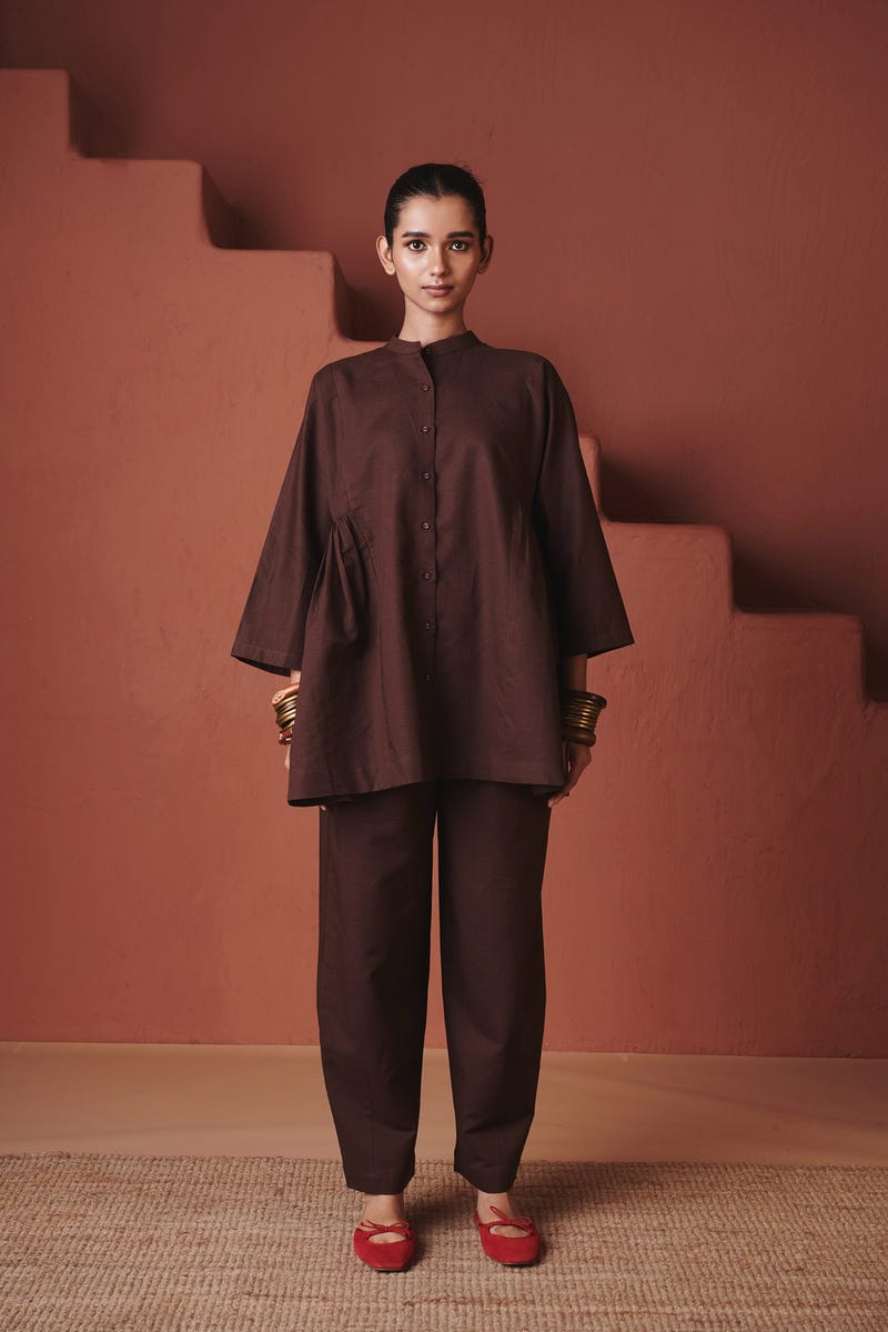 Coffee Co-Linen Gathered Shirt Set