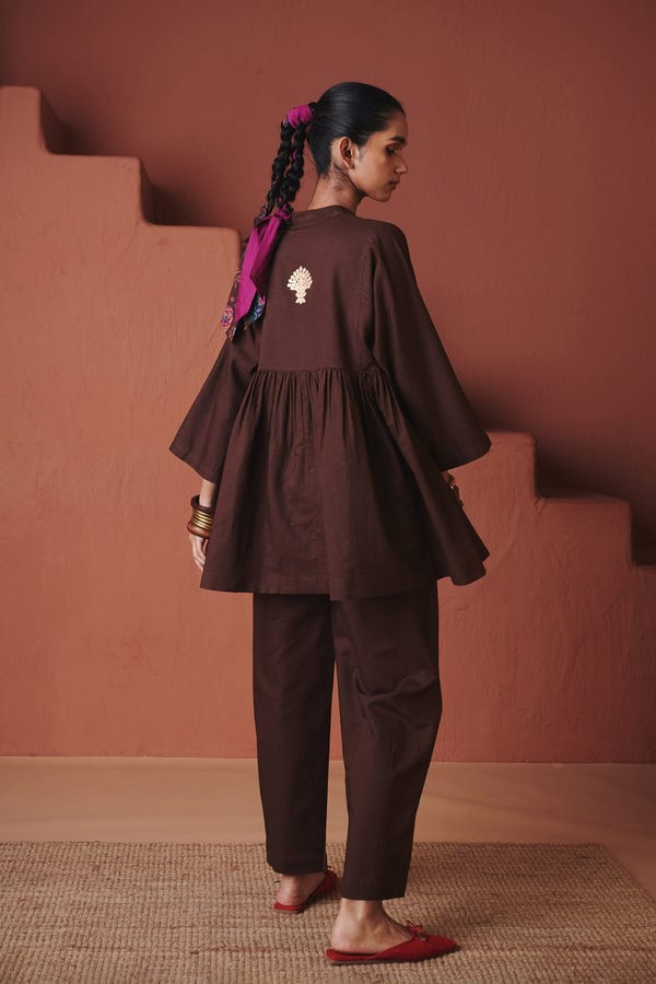 Saphed — Coffee Co-Linen Gathered Shirt Set
