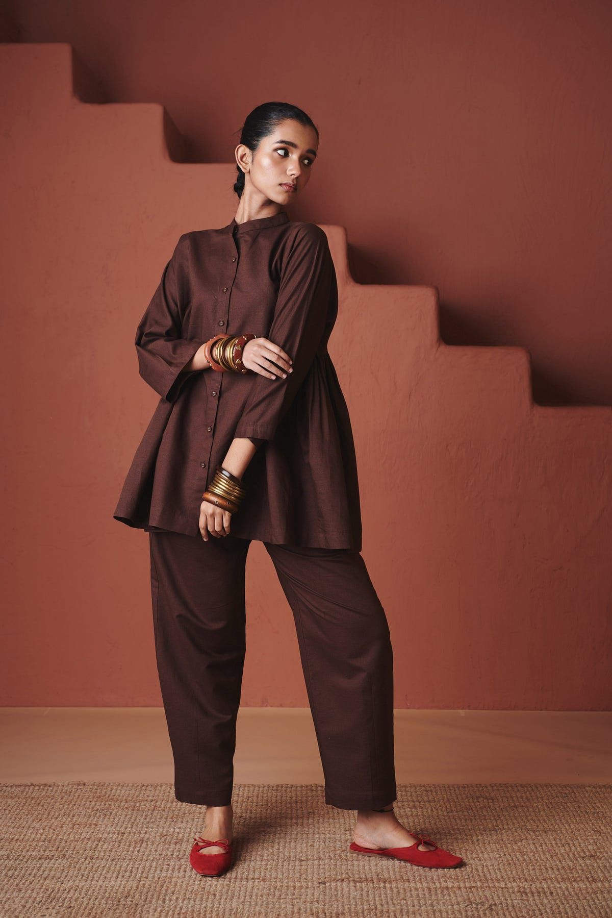Coffee Co-Linen Gathered Shirt Set - image 3
