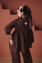 Coffee Co-Linen Gathered Shirt Set view 4