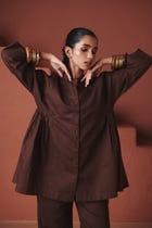 Coffee Co-Linen Gathered Shirt Set view 5