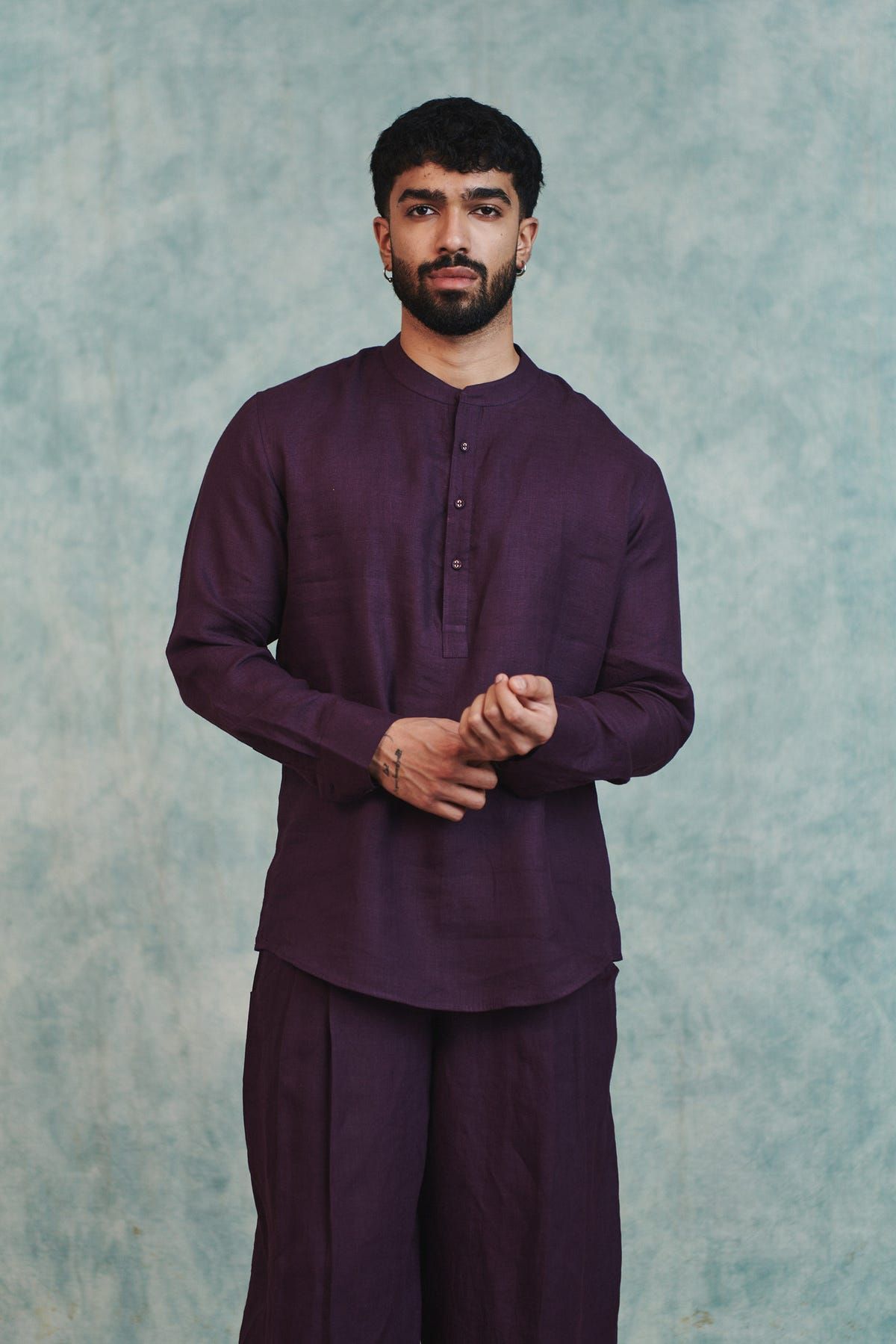 Plum Linen Men's Shirt Kurta & Barrel Pants Set - image 2