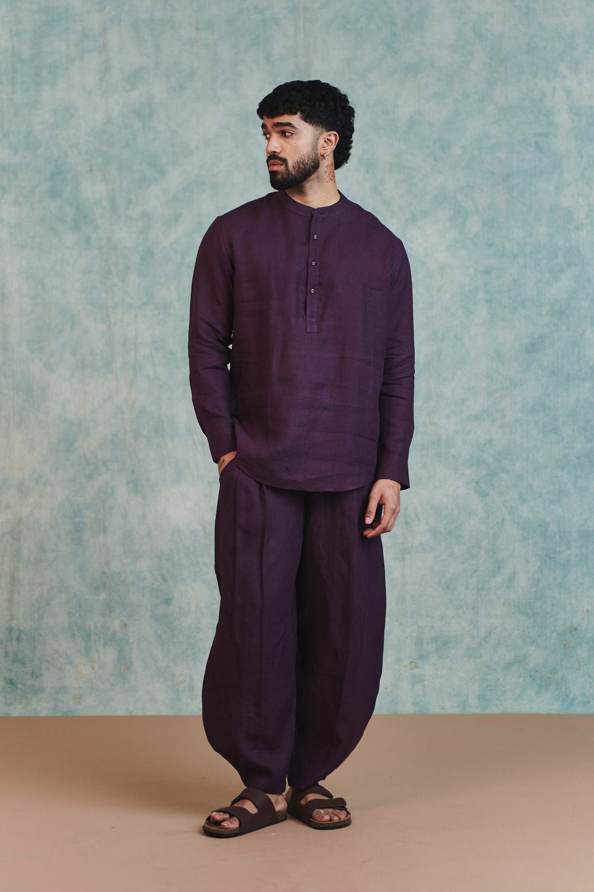 Plum Linen Men's Shirt Kurta & Barrel Pants Set - image 3