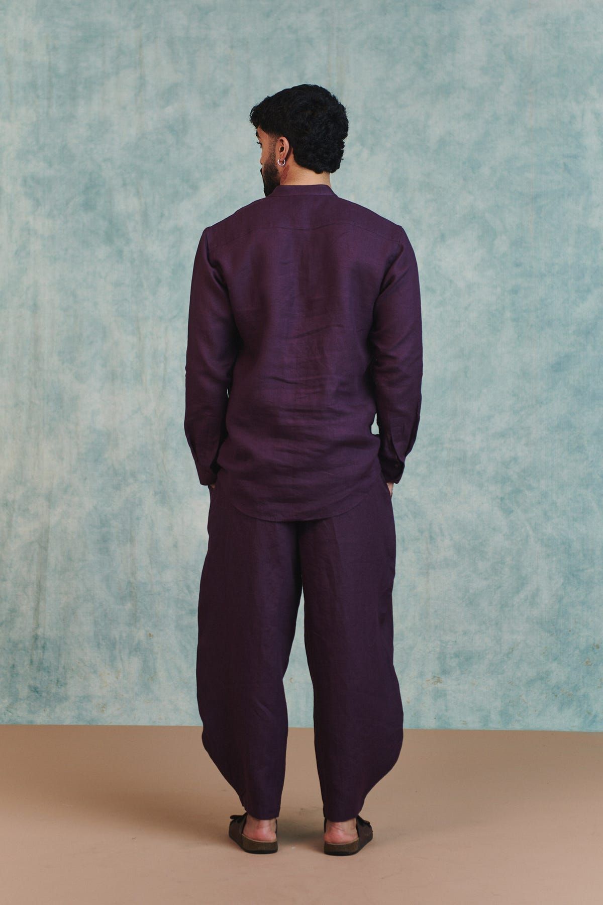 Plum Linen Men's Shirt Kurta & Barrel Pants Set - image 7