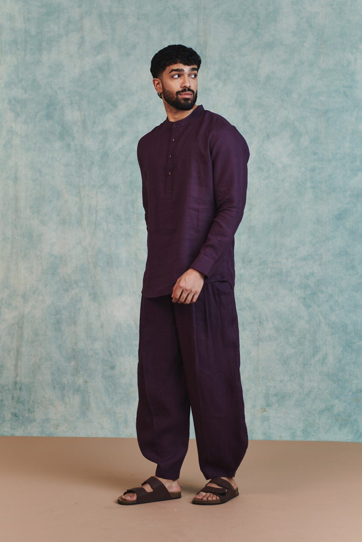 Plum Linen Men's Shirt Kurta & Barrel Pants Set - image 8