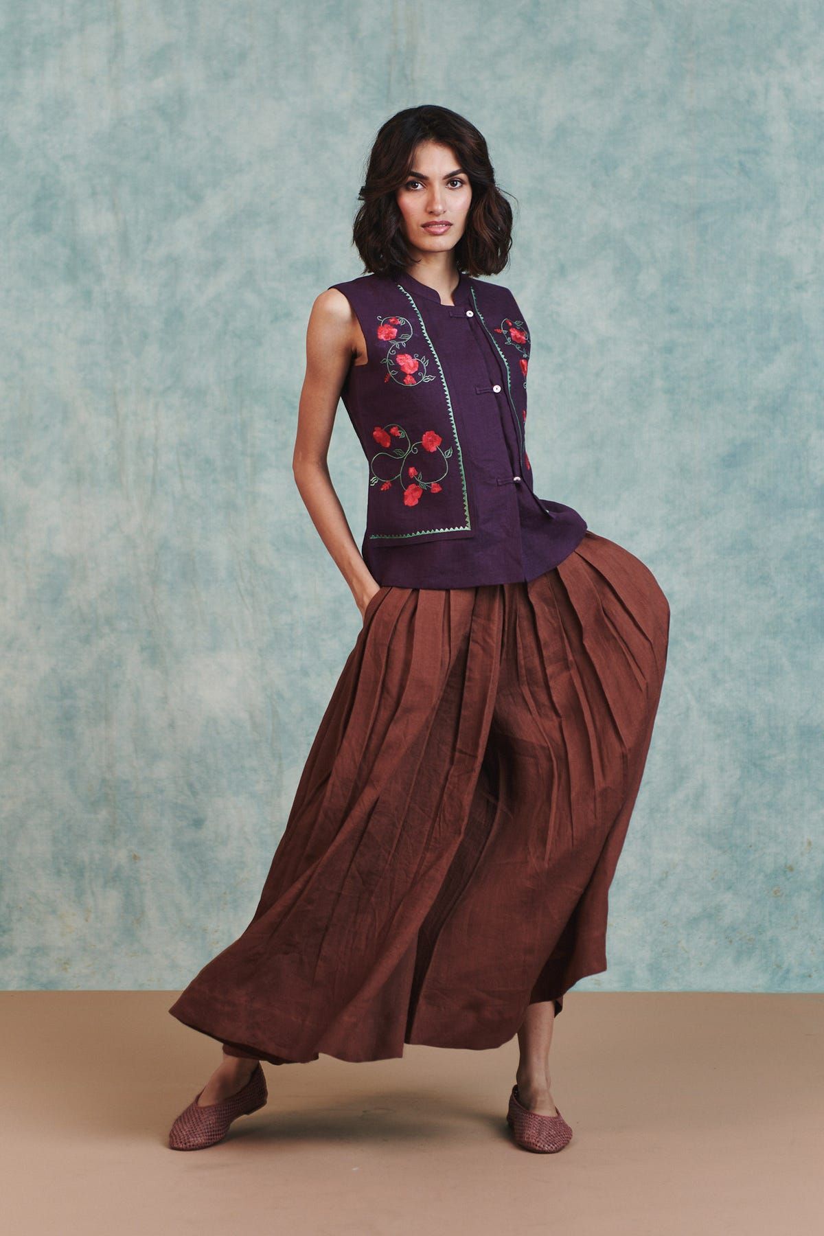 Chocolate Linen Multi-Pleated Pants - image 1