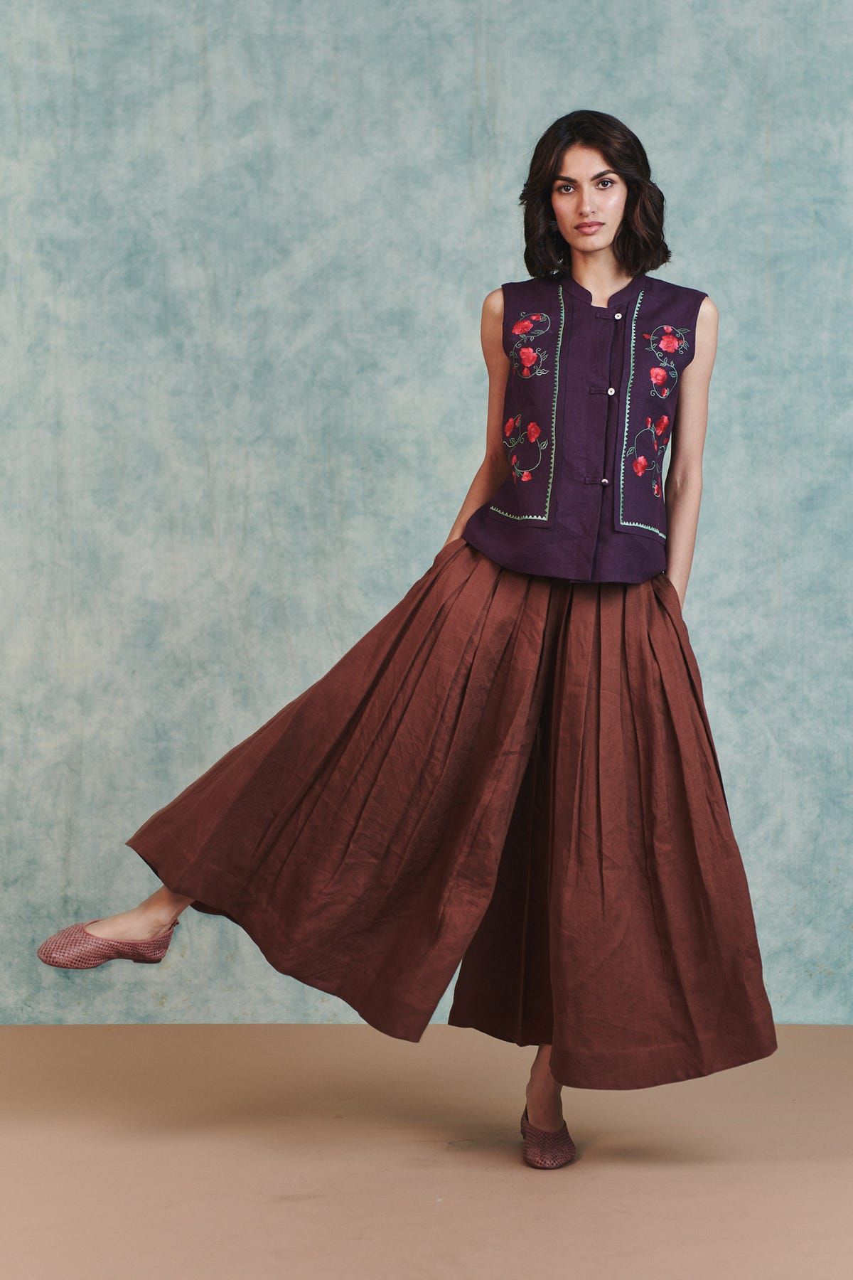Chocolate Linen Multi-Pleated Pants - image 2