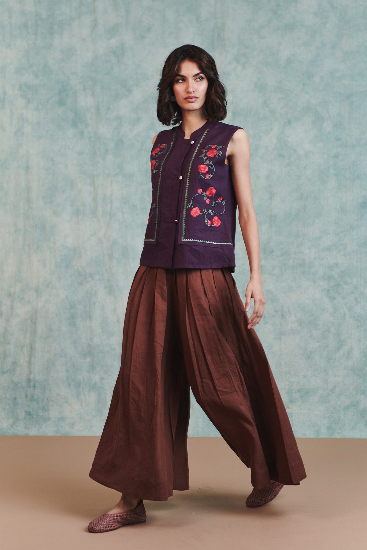 Chocolate Linen Multi-Pleated Pants - image 3