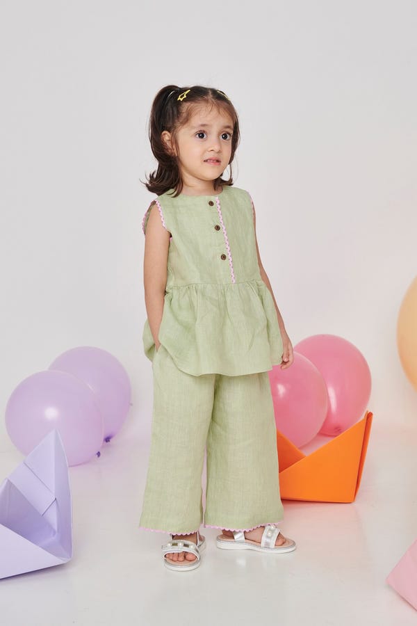 Saphed — Pista Linen Girls Lace Peplum Set - Sale