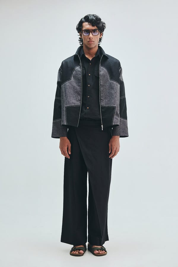Saphed — Linen Kantha Men’s Applique Panelled Jacket