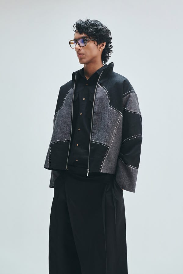 Saphed — Linen Kantha Men’s Applique Panelled Jacket