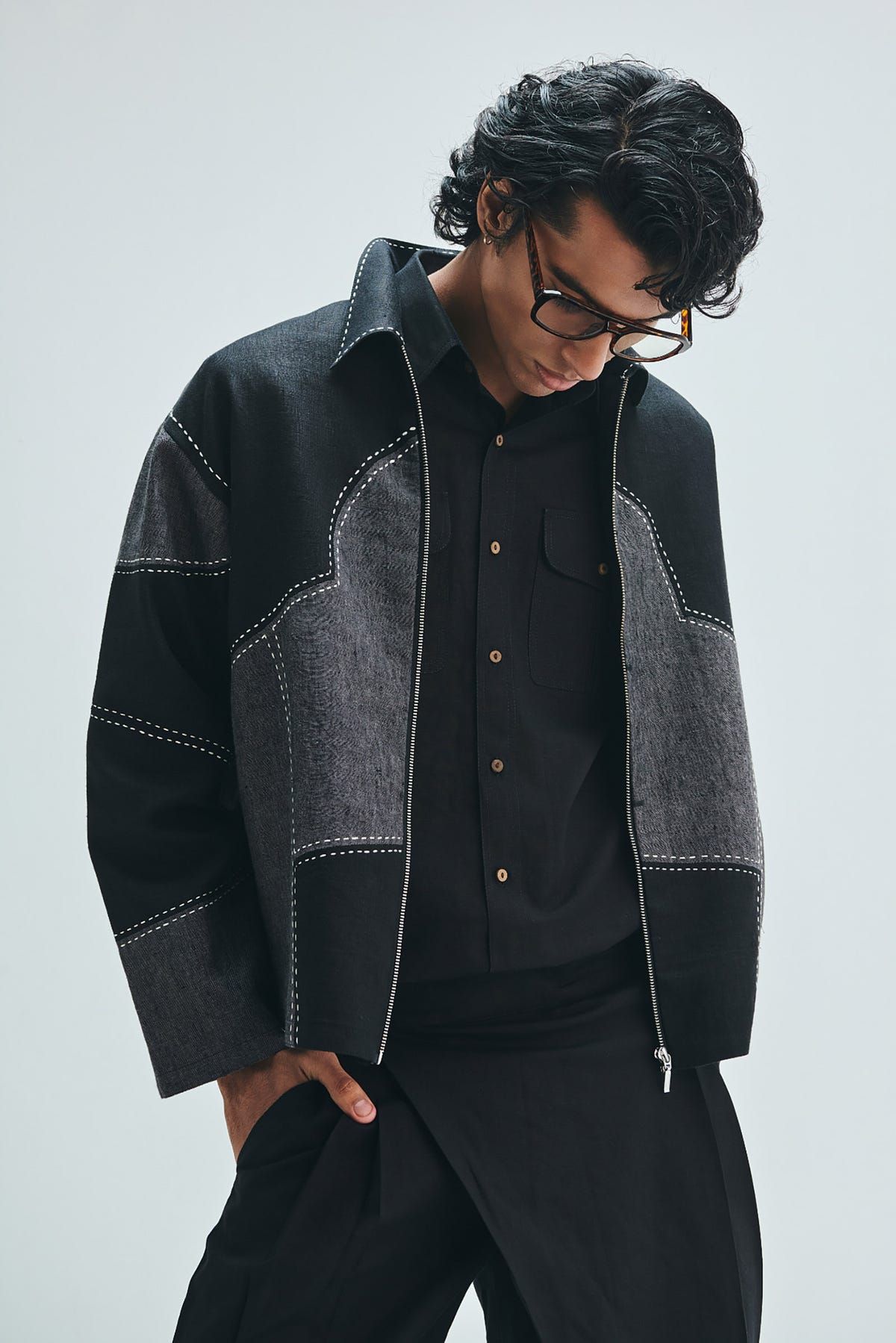 Linen Kantha Men’s Applique Panelled Jacket - image 5