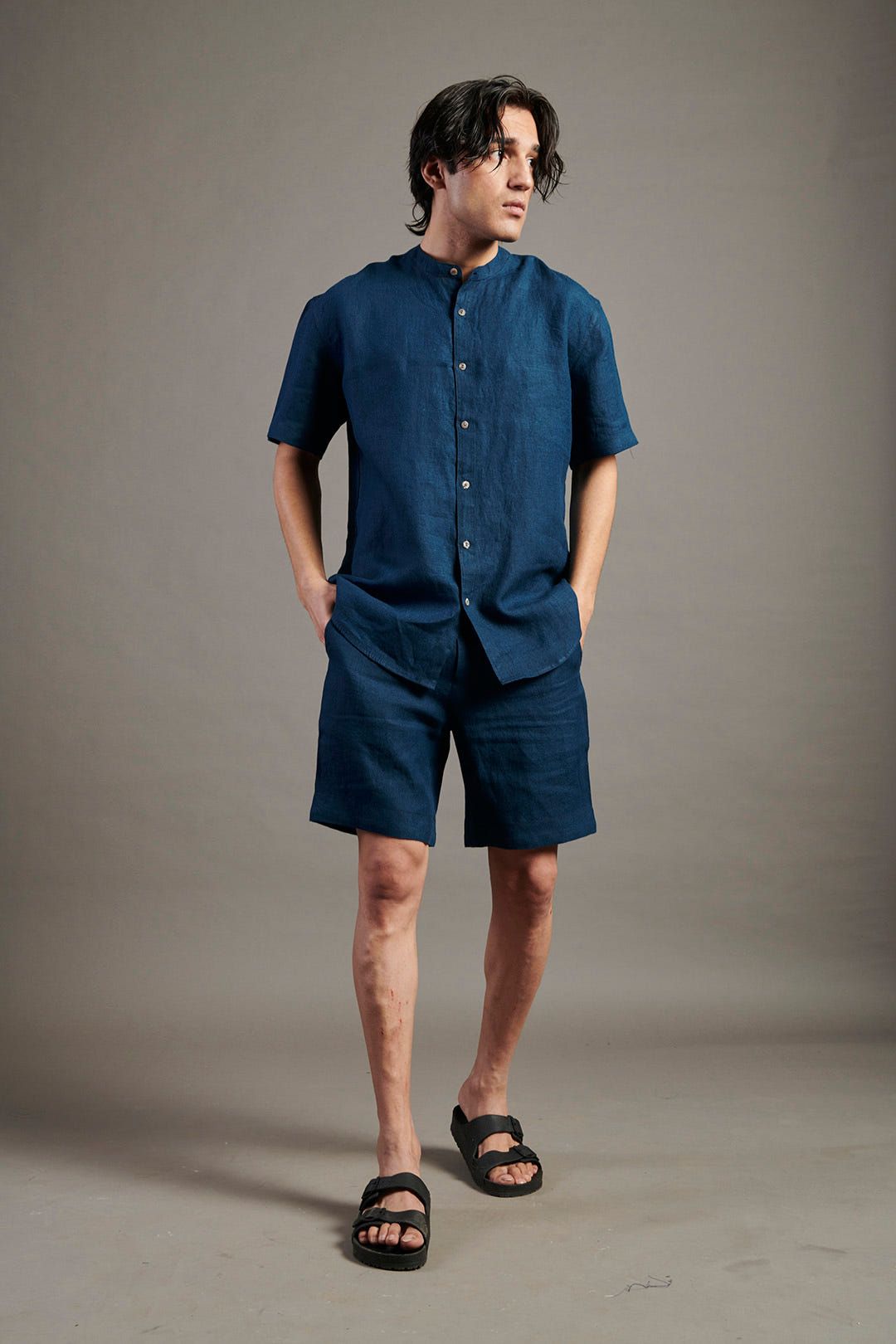 Indigo Linen Half Sleeves Band Collar Shirt - image 2
