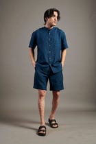 Indigo Linen Half Sleeves Band Collar Shirt view 2