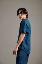Indigo Linen Half Sleeves Band Collar Shirt view 5