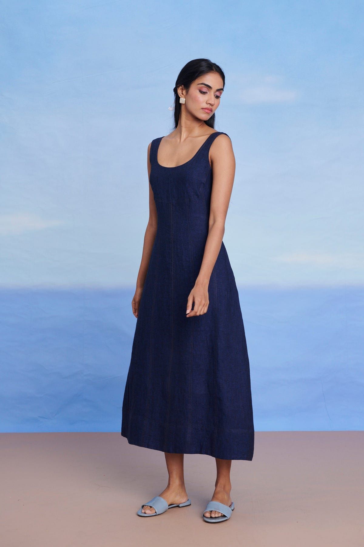 Neel Linen Denim Panelled Dress - Sale - image 3